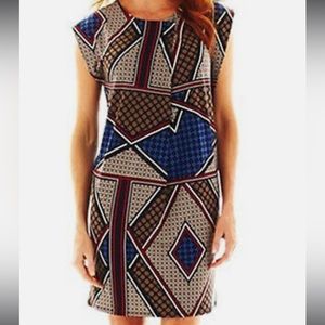 Worthington geometric print shift dress crossover front exposed zipper back M